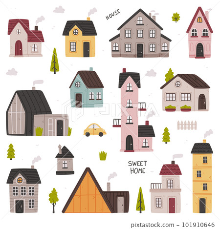 Tiny Houses with Roof and Steaming Chimney as Cozy and Sweet Home Vector Set 101910646