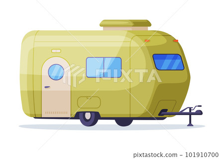 Mobile home on wheels, Side view of retro tiny travel trailer, touristic transport vector illustration Mobile home on wheels, Side view of retro tiny travel trailer, touristic transport vector illustration 101910700