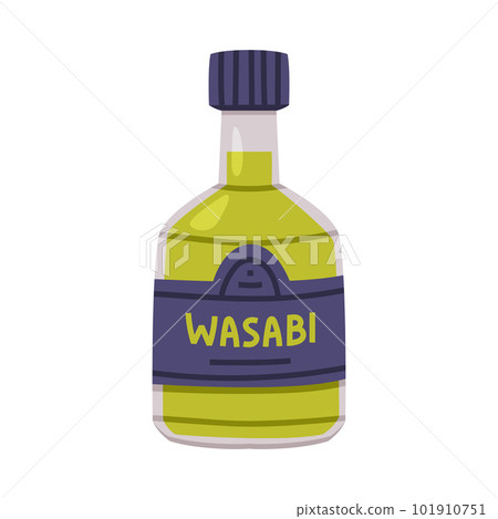 Hot and Spicy Green Wasabi Sauce in Glass Labeled Bottle with Cap Vector Illustration Hot and Spicy Green Wasabi Sauce in Glass Labeled Bottle with Cap Vector Illustration 101910751