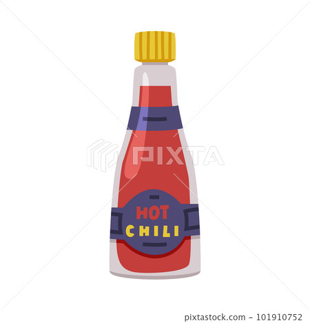 Hot and Spicy Chili Sauce in Glass Bottle with Label and Cap Vector Illustration 101910752