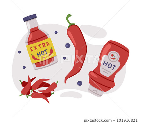 Hot and Spicy Chili Sauce in Bottle Vector Composition Hot and Spicy Chili Sauce in Bottle Vector Composition 101910821