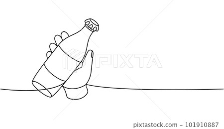 Hand with soda bottle one line continuous drawing. Empty glass or plastic bottle continuous one line illustration. Vector linear illustration. Hand with soda bottle one line continuous drawing. Empty glass or plastic bottle continuous one line illustration. Vector linear illustration. 101910887