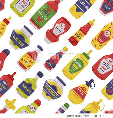 Hot and Spicy Mustard and Chili Sauce in Plastic Bottle with Label Vector Seamless Pattern Hot and Spicy Mustard and Chili Sauce in Plastic Bottle with Label Vector Seamless Pattern 101911029
