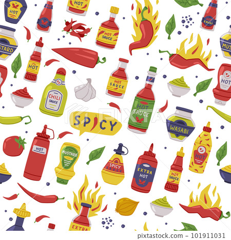 Hot and Spicy Mustard and Chili Sauce in Plastic Bottle with Ingredient Vector Seamless Pattern 101911031
