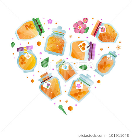 Honey Design with Glass Jars with Pure and Natural Sweet Food from Sugary Nectar Vector Heart Shaped Composition Honey Design with Glass Jars with Pure and Natural Sweet Food from Sugary Nectar Vector Heart Shaped Composition 101911048