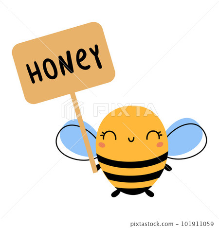 Cute bee holding sign board with honey lettering. Adorable bee mascot cartoon vector illustration 101911059