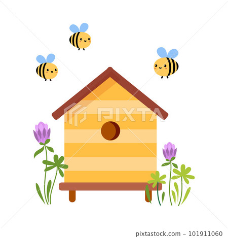 Wooden beehive and flying bees. Farm apiculture equipment cartoon vector illustration 101911060