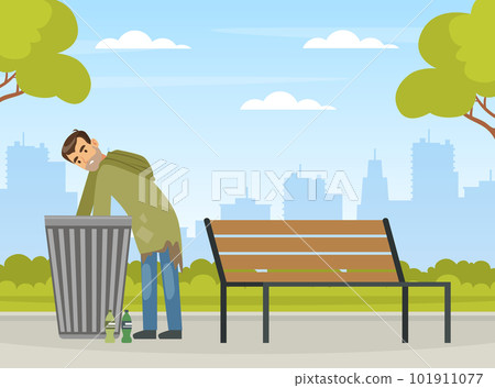 Homeless Man in Rags Going Through Garbage in the Street Vector Illustration Homeless Man in Rags Going Through Garbage in the Street Vector Illustration 101911077