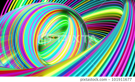 3d render. Abstract geometric bg with rings form complex twisted spiral and light effects. Rings flash neon multicolor lights. Neon ring bulbs for show or events, festivals or concerts 101911677