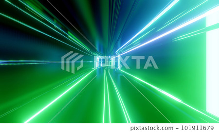 3d render. Sci-fi tunnel with neon lights. Abstract high-tech tunnel as background in the style of cyberpunk or high-tech future. Blue green colors 3d render. Sci-fi tunnel with neon lights. Abstract high-tech tunnel as background in the style of cyberpunk or high-tech future. Blue green colors 101911679