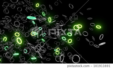 3d render. Abstract festive background with rows of toruses or rings on plane flashing neon multicolored light randomly. Black rings in the air. 3d render. Abstract festive background with rows of toruses or rings on plane flashing neon multicolored light randomly. Black rings in the air. 101911691