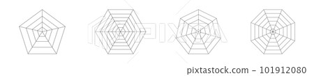 Pentagon, hexagon, heptagon, octagon diagrams divided on equal segments. Radar or spider chart, wheel of life or habits tracker template isolated on white background 101912080