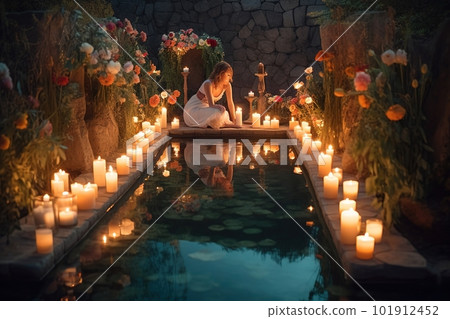 A woman in a flowing, bohemian-style two-piece swimsuit sits on the edge of a pool, surrounded by candles and flowers. The water is still and calm, creating a peaceful atmosphere. Generative AI. A woman in a flowing, bohemian-style two-piece swimsuit sits on the edge of a pool, surrounded by candles and flowers. The water is still and calm, creating a peaceful atmosphere. Generative AI. 101912452