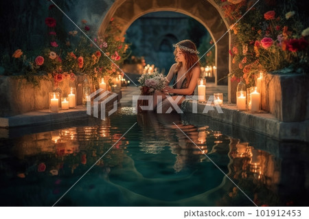 A woman in a flowing, bohemian-style two-piece swimsuit sits on the edge of a pool, surrounded by candles and flowers. The water is still and calm, creating a peaceful atmosphere. Generative AI. A woman in a flowing, bohemian-style two-piece swimsuit sits on the edge of a pool, surrounded by candles and flowers. The water is still and calm, creating a peaceful atmosphere. Generative AI. 101912453