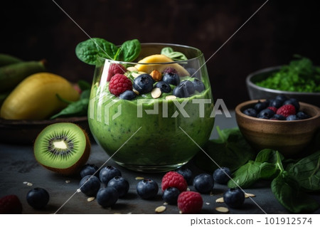 A bowl of a nutritious-looking green smoothie, loaded with leafy greens, fruits and vegetables. Fresh, organic ingredients have been blended to create a powerfully healthy meal. Generative AI A bowl of a nutritious-looking green smoothie, loaded with leafy greens, fruits and vegetables. Fresh, organic ingredients have been blended to create a powerfully healthy meal. Generative AI 101912574
