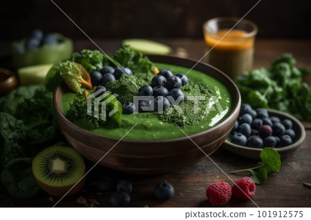 A bowl of a nutritious-looking green smoothie, loaded with leafy greens, fruits and vegetables. Fresh, organic ingredients have been blended to create a powerfully healthy meal. Generative AI A bowl of a nutritious-looking green smoothie, loaded with leafy greens, fruits and vegetables. Fresh, organic ingredients have been blended to create a powerfully healthy meal. Generative AI 101912575