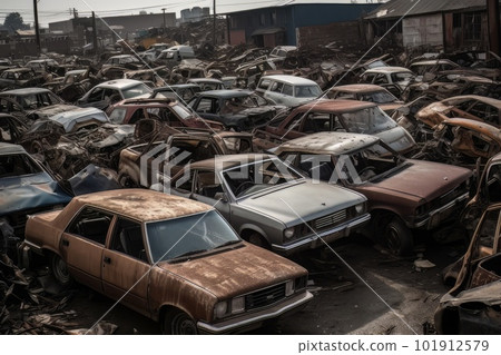 A junkyard filled with dozens of old, wrecked cars in various states of disrepair. Dismantling for parts at scrap yards and sending for remelting. Generative AI A junkyard filled with dozens of old, wrecked cars in various states of disrepair. Dismantling for parts at scrap yards and sending for remelting. Generative AI 101912579