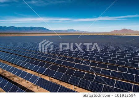 A vast solar energy farm, with rows of solar panels as far as the eye can see. The sheer scale hints at the potential for clean, renewable solar power.. Generative AI A vast solar energy farm, with rows of solar panels as far as the eye can see. The sheer scale hints at the potential for clean, renewable solar power.. Generative AI 101912594