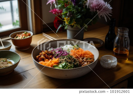 A meal consisting of veggie bibimbap, fresh salad dressed with edible flowers, bean chili and a kombucha tea. Minimally processed and naturally fermented food. Generative AI A meal consisting of veggie bibimbap, fresh salad dressed with edible flowers, bean chili and a kombucha tea. Minimally processed and naturally fermented food. Generative AI 101912601