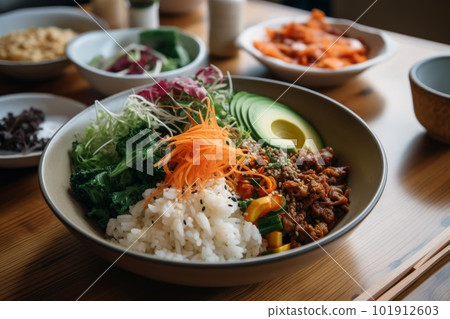 A meal consisting of veggie bibimbap, fresh salad dressed with edible flowers, bean chili and a kombucha tea. Minimally processed and naturally fermented food. Generative AI A meal consisting of veggie bibimbap, fresh salad dressed with edible flowers, bean chili and a kombucha tea. Minimally processed and naturally fermented food. Generative AI 101912603