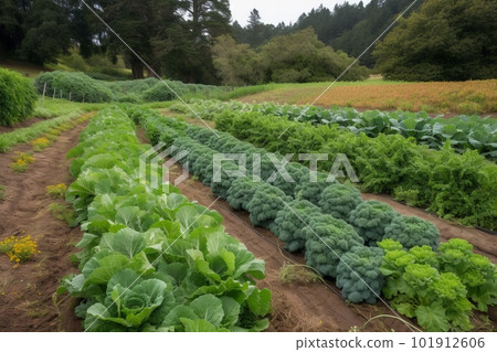 Farmscape showing rows of organic crops broccoli, kale, tomatoes, berries, etc. ready for harvest. Sustainably-grown produce. Generative AI 101912606