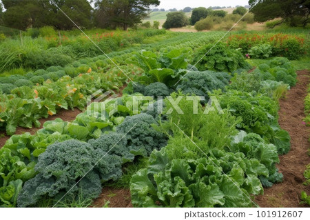 Farmscape showing rows of organic crops broccoli, kale, tomatoes, berries, etc. ready for harvest. Sustainably-grown produce. Generative AI 101912607