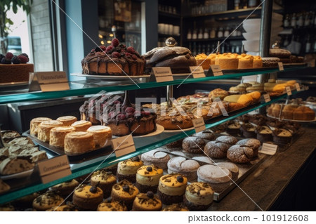 A gluten-free bakery, with displays of fresh-baked vegan cakes, cupcakes, cookies and breads, enjoyed through alternative, natural ingredients. Generative AI 101912608