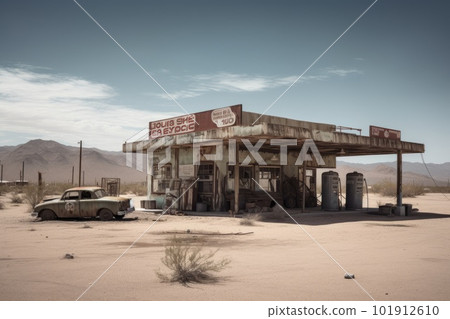 A desert gas station , where a few vehicles stand parked in a sea of grit and dust. There's a fading American flag, but the station looks long abandoned. The arid isolation is palpable. Generative AI 101912610