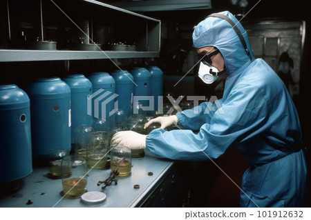 A scientist adjusting knobs and valves on a large container that holds a mysterious glowing blue gas. Generative AI A scientist adjusting knobs and valves on a large container that holds a mysterious glowing blue gas. Generative AI 101912632