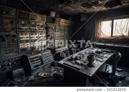 The Chernobyl nuclear plant after the disaster, ravaged by fire and explosions. The remaining equipment is eerily encapsulated in concrete, still visible but now ruined relics. Generative AI 101912650