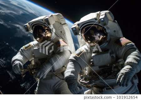 Astronauts in spacesuits conduct a spacewalk near their space station. Generative AI 101912654