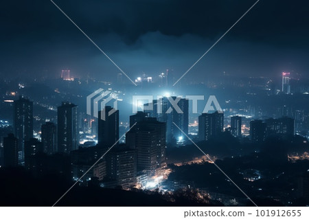 City at night, but instead of the usual lights, the buildings are illuminated from within by a faint blue radiation. Emergency sirens are blaring as people evacuate the city below. Generative AI 101912655