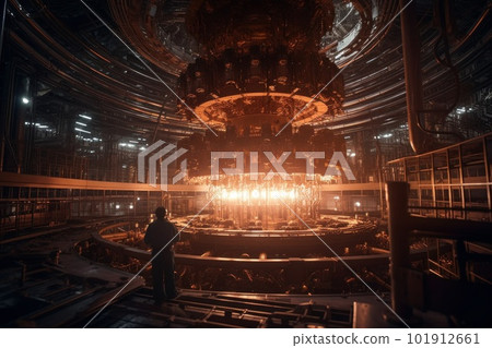 A massive glowing nuclear fusion reactor, with pipes snapping across a vast metal structure, glowing with intense heat and energy. Technicians in hazmat suits monitor the reactor. Generative AI A massive glowing nuclear fusion reactor, with pipes snapping across a vast metal structure, glowing with intense heat and energy. Technicians in hazmat suits monitor the reactor. Generative AI 101912661