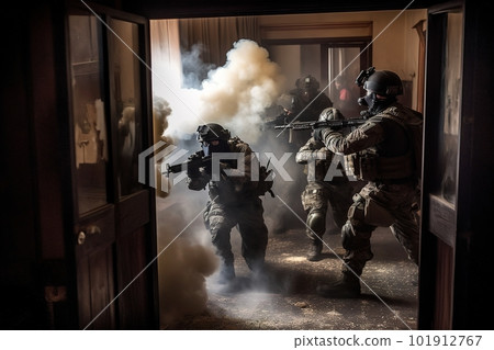 Special Forces team conducting a hostage rescue operation, with soldiers breaching a building and engaging with hostile forces. Generative AI 101912767
