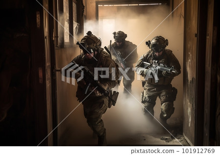 Special Forces team conducting a hostage rescue operation, with soldiers breaching a building and engaging with hostile forces. Generative AI 101912769