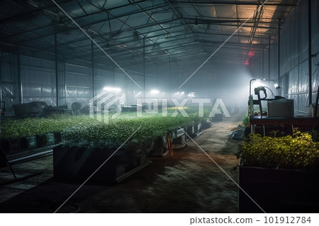 Powering massive LED arrays that illuminate the interior of a greenhouse at night. Crop technicians in hazmat suits tend to the plants under the bright lights, as if growing diamonds. Generative AI 101912784