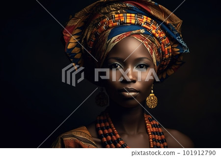 A portrait of African woman in traditional headdress. Generative AI 101912790