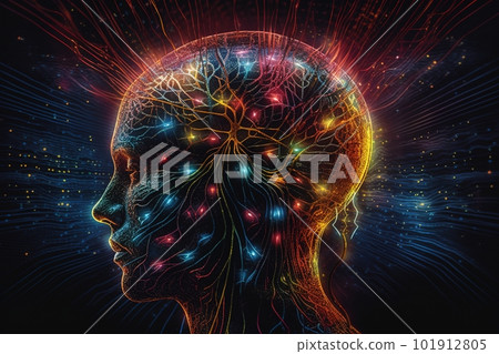 A brain scanning a person during states of transcendence, meditation, trance or dreamtime. Psychedelic colors and geometric shapes are emanating from the mind. Generative AI 101912805