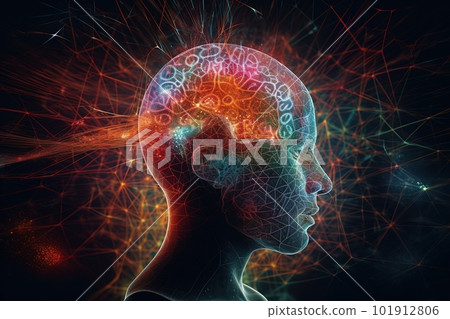 A brain scanning a person during states of transcendence, meditation, trance or dreamtime. Psychedelic colors and geometric shapes are emanating from the mind. Generative AI 101912806