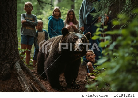 A captivating, wildlife encounter during a family camping trip, featuring parents and children observing a bear from a safe distance. Sense of wonder and appreciation for nature. Generative AI. 101912831
