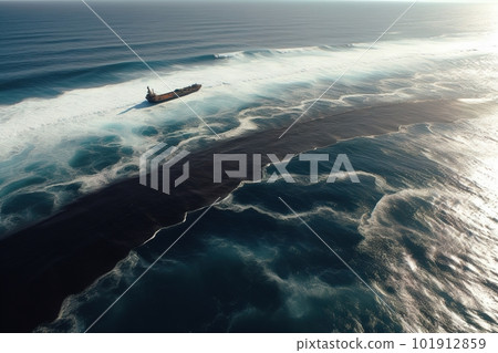 Black silhouette of an oil tanker in the distance, pumping more oil.Aerial view of a vast oil spill enveloping the ocean, shimmering waves of crude oil as far as the eye can see. Generative AI 101912859