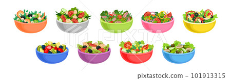 Fresh Salads in Bowl with Mixed Ingredients Vector Set Fresh Salads in Bowl with Mixed Ingredients Vector Set 101913315