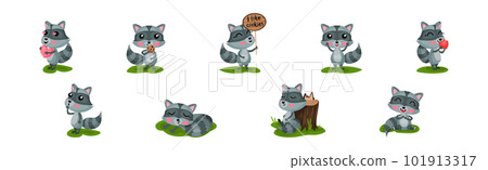Cute Raccoon with Striped Tail Engaged in Different Activity Vector Set 101913317