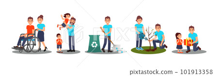 Man and Woman Volunteer Characters Helping Disabled, Planting and Gathering Garbage Vector Illustration Set Man and Woman Volunteer Characters Helping Disabled, Planting and Gathering Garbage Vector Illustration Set 101913358