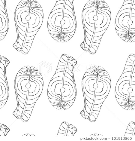 Seamless pattern of outline hand drawn of salmon steak. Eating Healthy Day. Seafood. Contour drawing 101913860