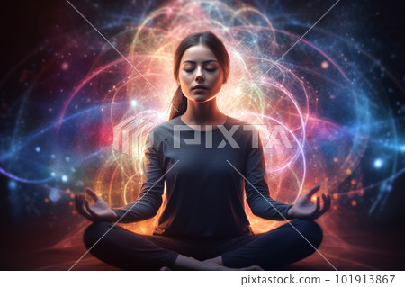 Young woman practices yoga and meditation with space energy, fantasy view, generative AI. 101913867
