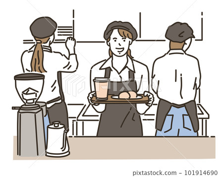 在咖啡館（餐廳）工作的亞裔女店員 101914690