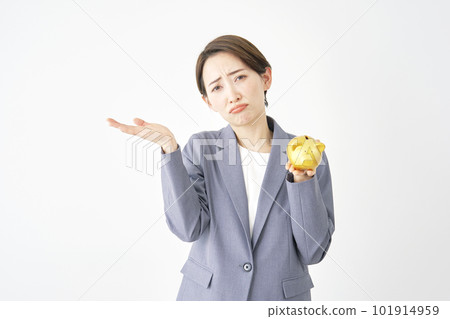 Business woman giving up with a piggy bank White background Business woman giving up with a piggy bank White background 101914959