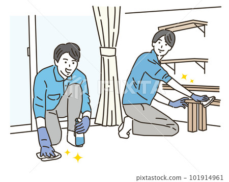 Young men in the cleaning business cleaning the floor in the room 101914961
