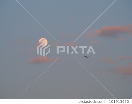 Scenery from Arakawa Tsutsumi, Kawaguchi City, Saitama Prefecture (airplane flying against the background of the moon) 101915950